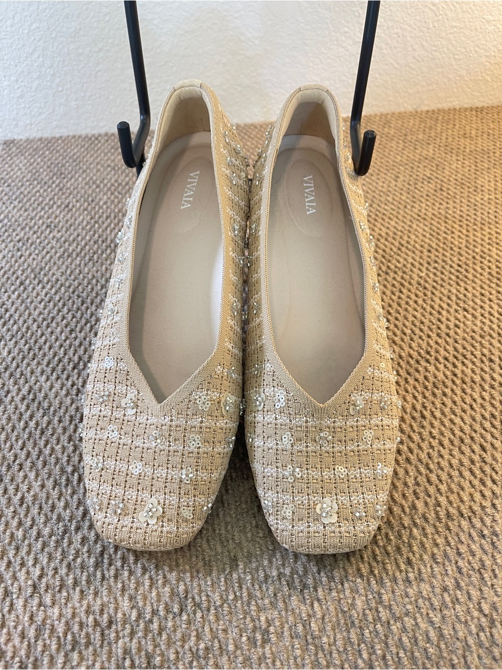 VIVAIA Beige Sequined Tweed Ballet Flats - Elegant Everyday Comfort